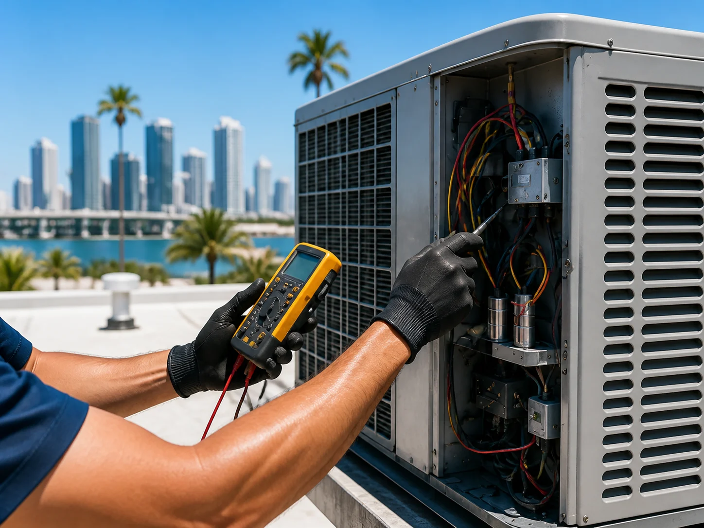 Gloved hands inspecting air-conditioning equipment with a digital multimeter.